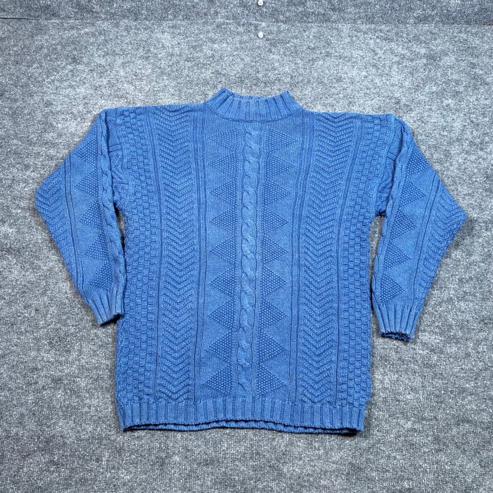 Lizwear Vintage Blue Cable Knit Mock Neck Cotton Sweater Womens Medium